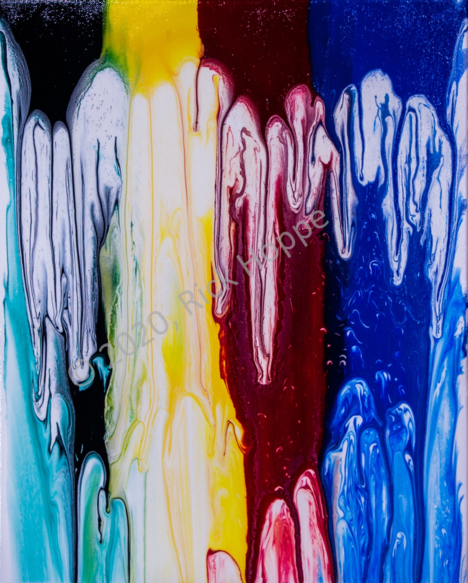 Abstract acrylic painting featuring vertical drips of turquoise, black, yellow, red, and blue flowing downward in fluid, melting patterns, creating a vivid and surreal beach-like effect.